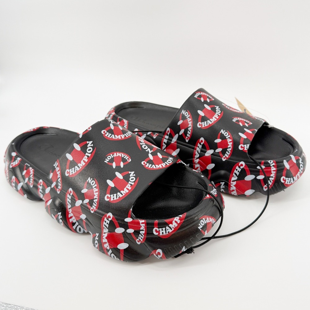 Champion Meloso Squish Smile Slides Sandals Mens Size 9 Black Red Pool Comfy NEW